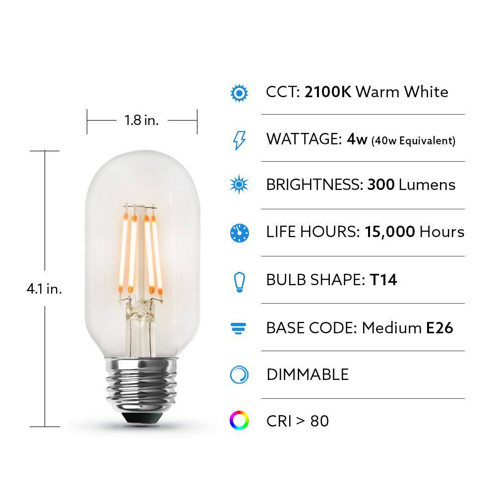 Feit Electric 40-Watt Equivalent T14 Dimmable Straight Filament Clear Glass Vintage Edison LED Light Bulb Warm White (4-Pack) T1440CLLEDHDRP4