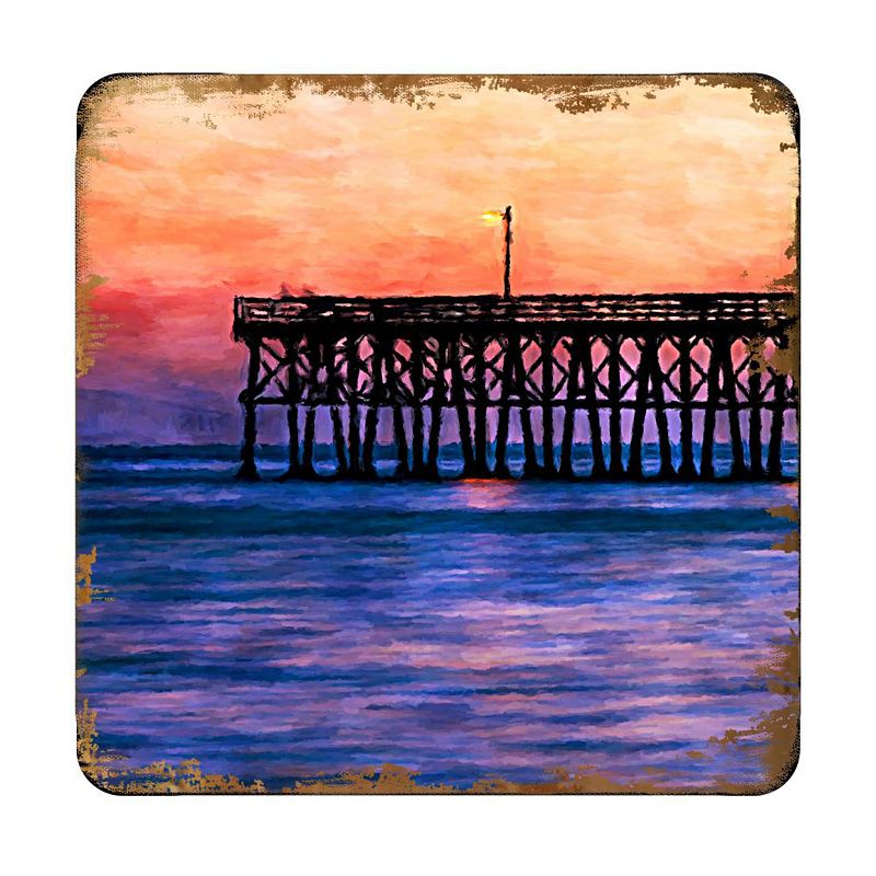 Pier at Sunset Coastal Wooden Cork Coasters Gift Set of 4 by Nature Wonders