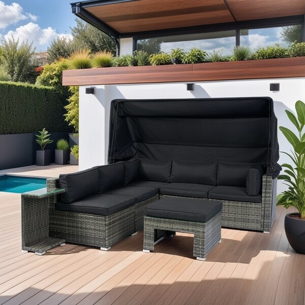 7Piece Patio Furniture Set，Retractable Canopy Rattan Sofa Set