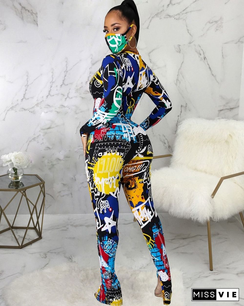 Graphic Print Zipper Front Skinny Jumpsuit With Face Mask