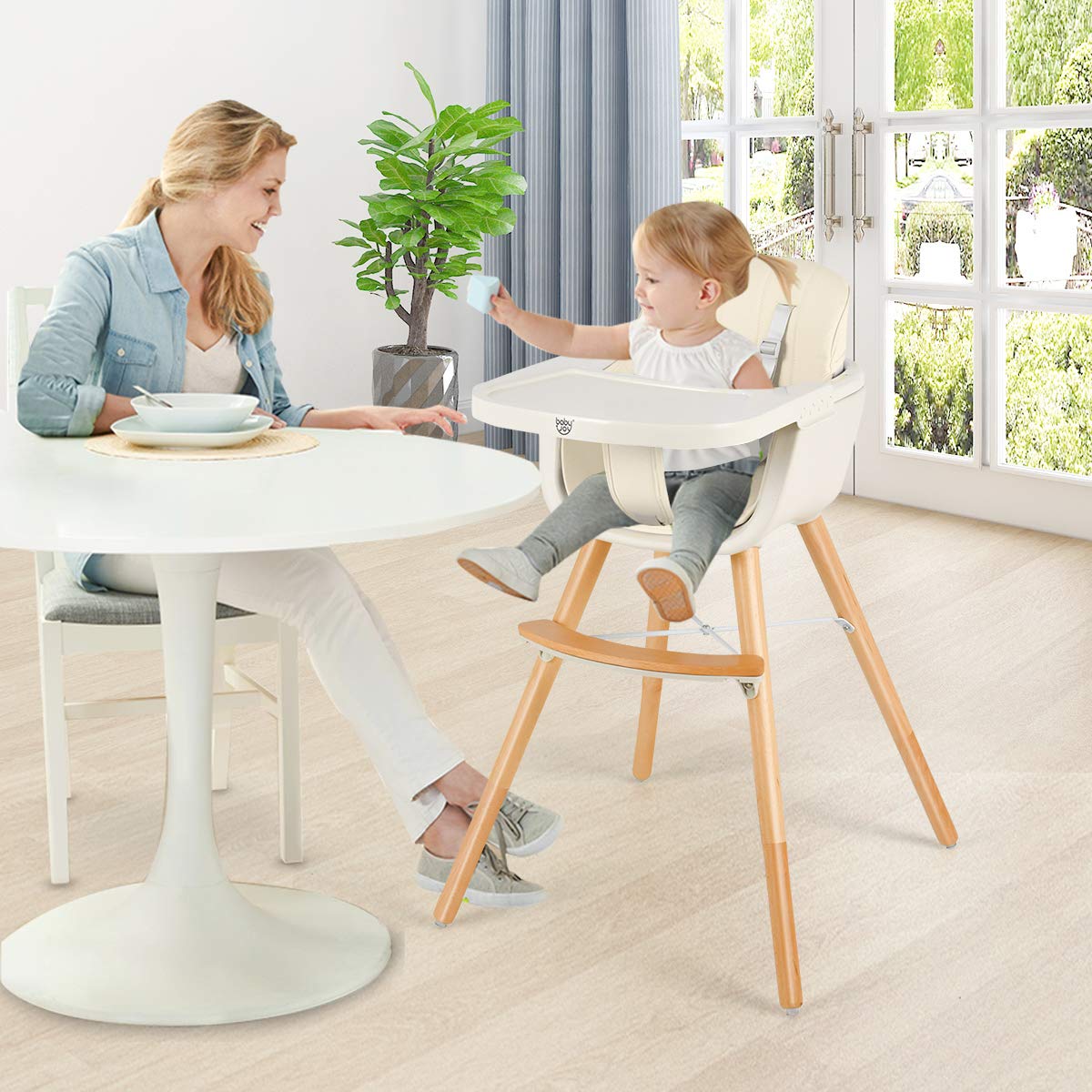 BABY JOY Convertible Baby High Chair, 3 in 1 Wooden Highchair/Booster/Chair with Removable Tray (Beige)