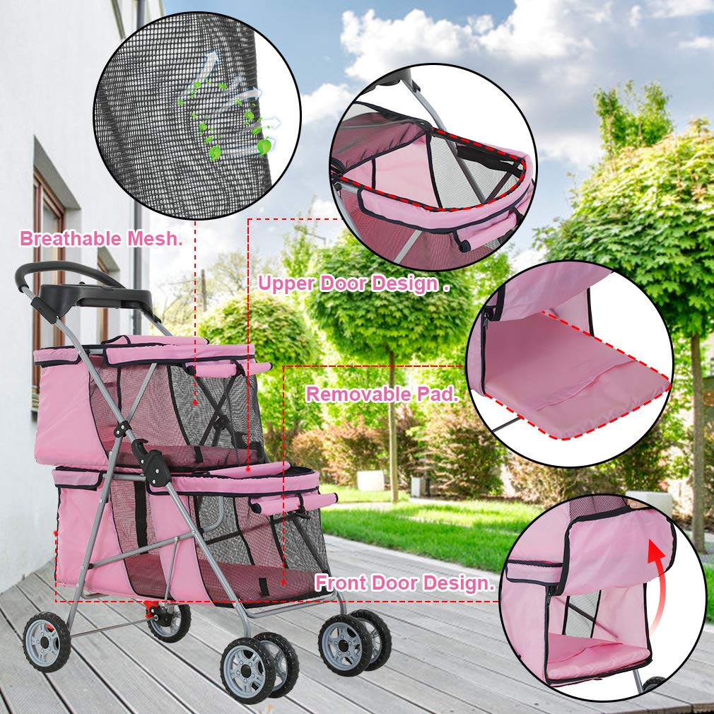 Dog Stroller Cat Stroller Pet Carriers Bag Jogger Stroller for Small Medium Dogs Cats for Travel Camping with 4 Wheels， Soft Pad， Pink