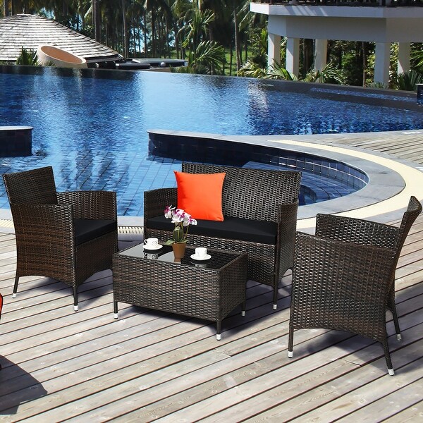 Costway 4PCS Rattan Patio Furniture Set Cushioned Sofa Chair Coffee