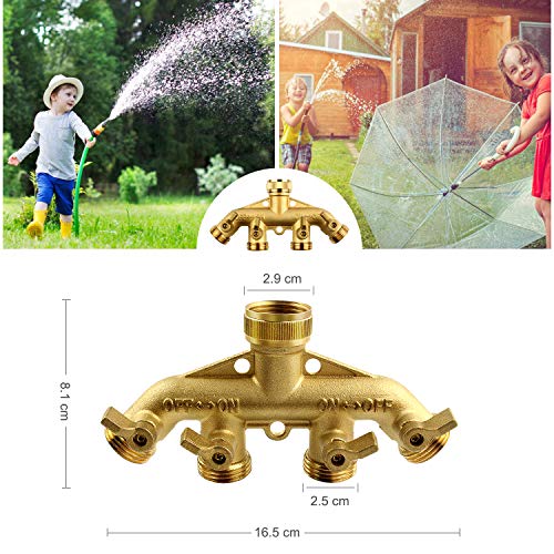 RIFFUE Garden Hose Splitter 4 Way Heavy Duty Brass Hose Spigot Adapter with 4 Valves， Hose Connector 3/4