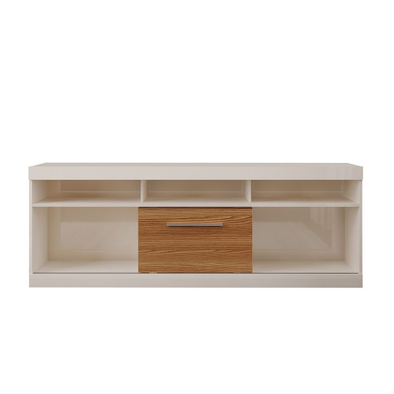 71 Inch TV Media Entertainment Center， 5 Cubbies， 1 Sliding Door， White and Oak