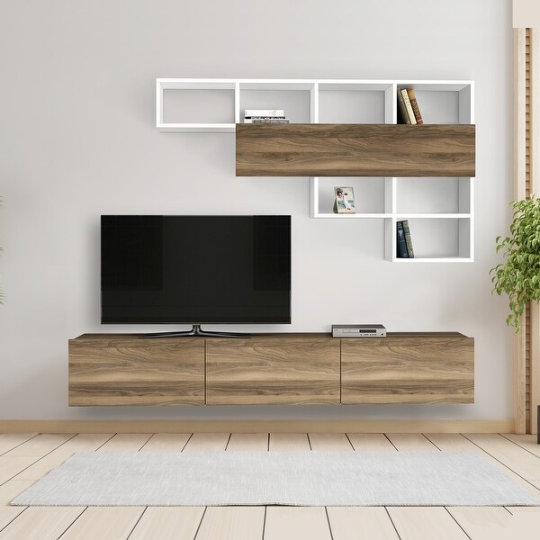 71 Inch Wall Mount TV Console Entertainment Cabinet， 3 Doors， 1 Floating Shelf， Light Walnut， White