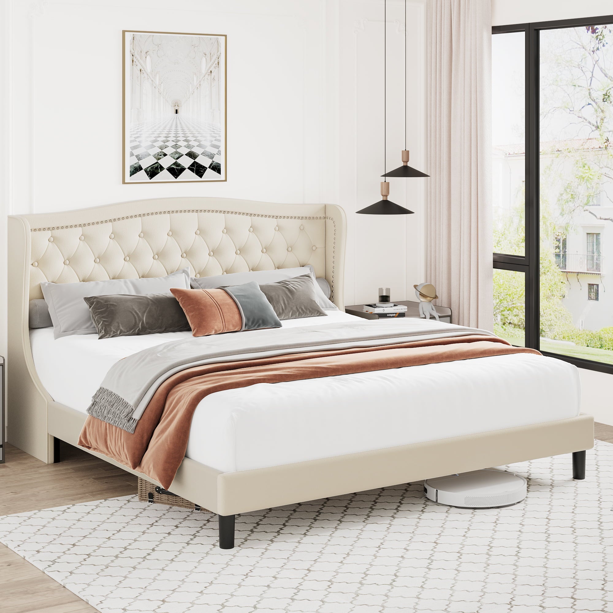 Homfa King Bed Frame, Modern Bed Frame with Wing-Back Button Tufted Upholstered Headboard, Wood Slat Support, Beige