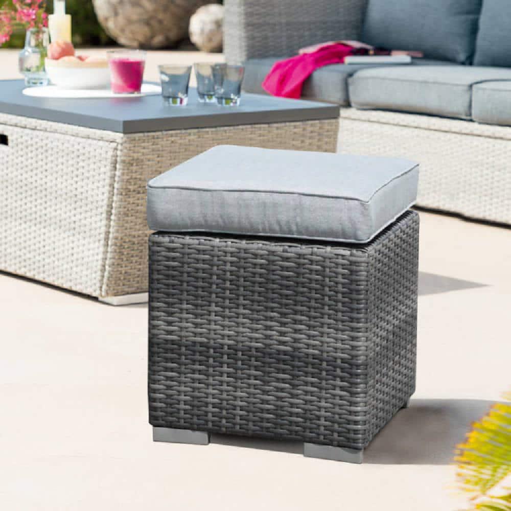 Patiorama 2Piece Wicker Outdoor Patio Ottomans with Grey Cushions