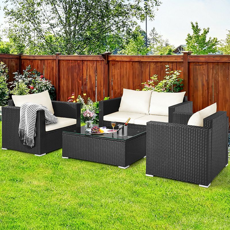 4 Pieces Patio Rattan Conversation Set with Padded Cushion and Tempered Glass Coffee Table