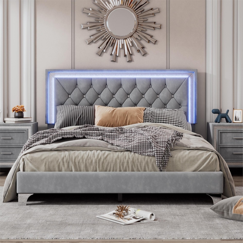 Queen Size Velvet Platform Bed with Crystal Tufted Headboard