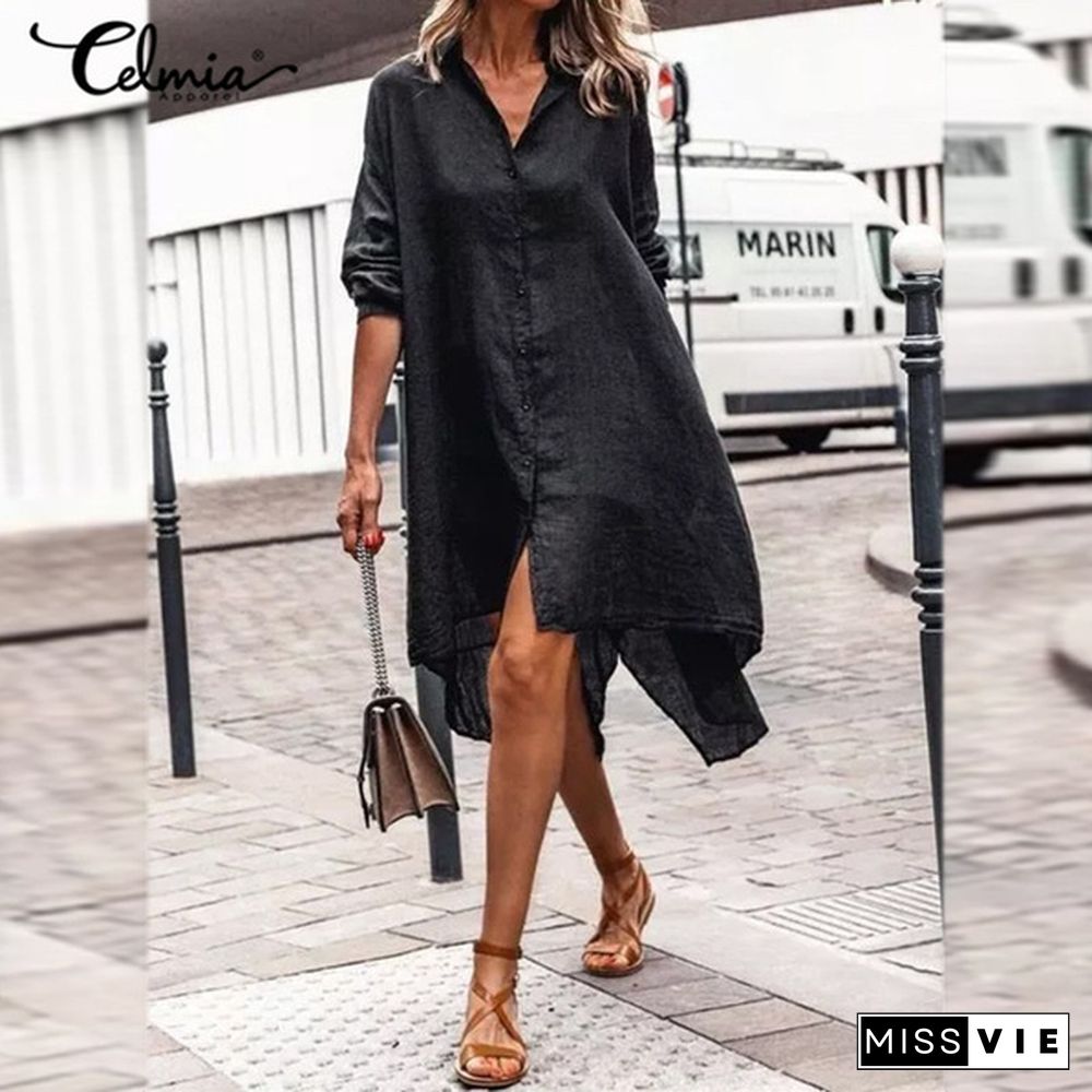 Celmia Women Cotton Long Sleeve Shirt Dress Fashion Irregular Split Hem Party Long Dress Vestidos Plus Size