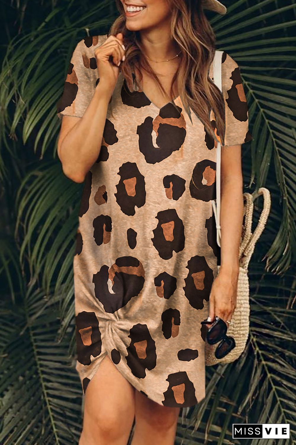 V Neck Leopard T-shirt Dress with Twist