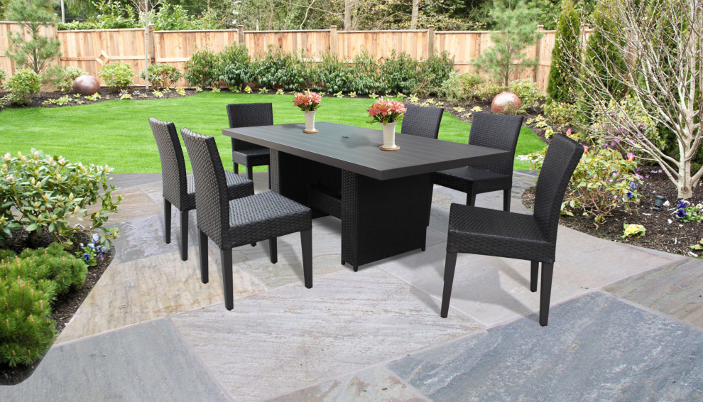 Belle Rectangular Outdoor Patio Dining Table with 6 Armless Chairs Espresso   Tropical   Outdoor Dining Sets   by TKClassics  Houzz