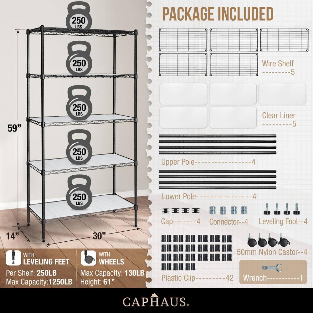 CAPHAUS Black 5-Tier Adjustable Height Welded Garage Storage Shelving Unit with LinerWheels (30 in. W x 61 in. H x 14 in. D) RWW-CH30145WL-BK