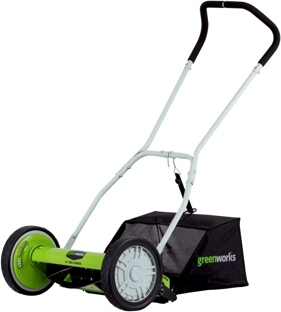 Greenworks 16-Inch Reel Lawn Mower with Grass Catcher 25052，Black/Green， 47