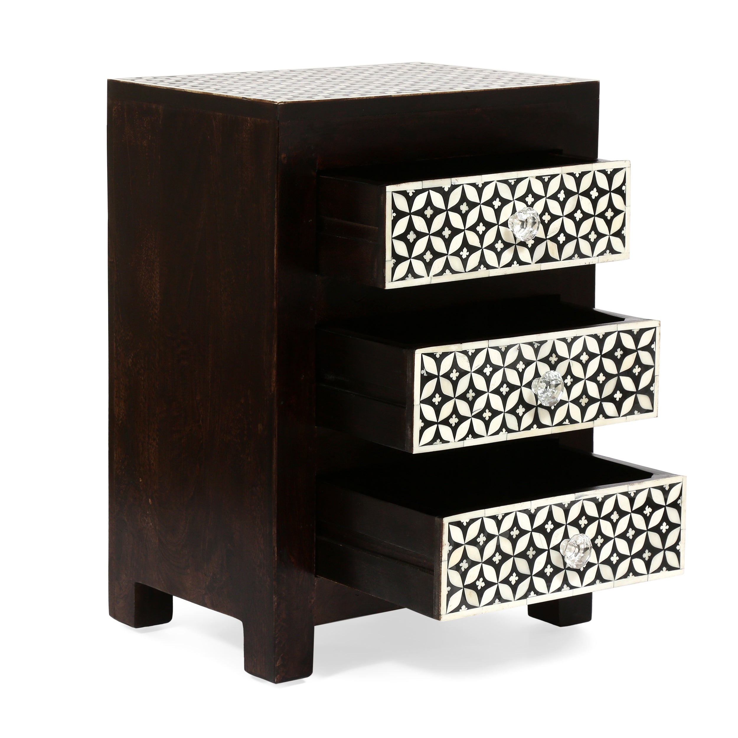 Kuna Handcrafted Boho 3 Drawer Mango Wood Nightstand