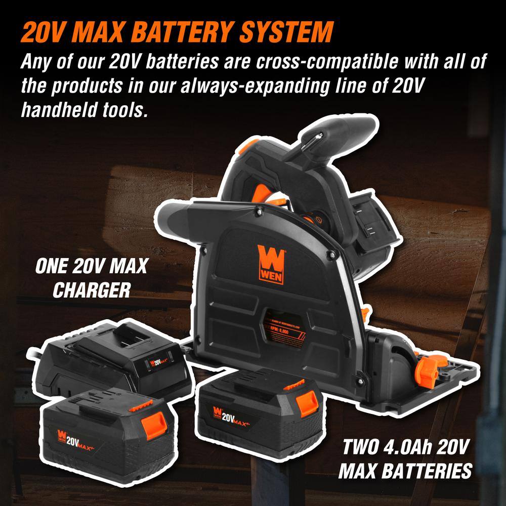 WEN 20V Max 6.5-Inch Cordless Brushless Plunge Cut Variable Speed Track Saw with Two 4.0 Ah Batteries and Charger 20691