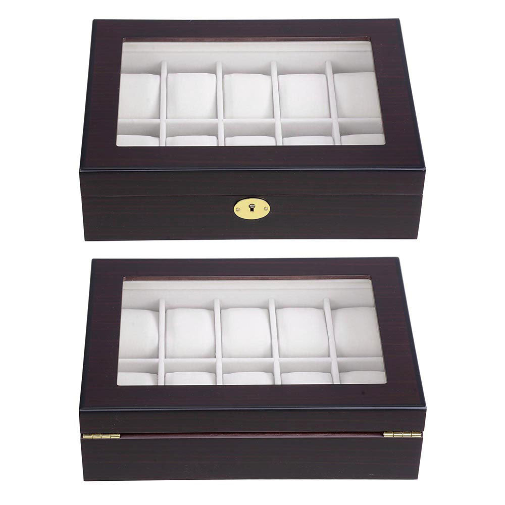 10-Slot Ebony Matte Finish Wood Watch Display Case