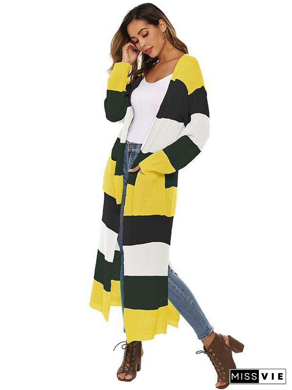 Split-joint Color Large Pocket Slit Long Sweater Coat