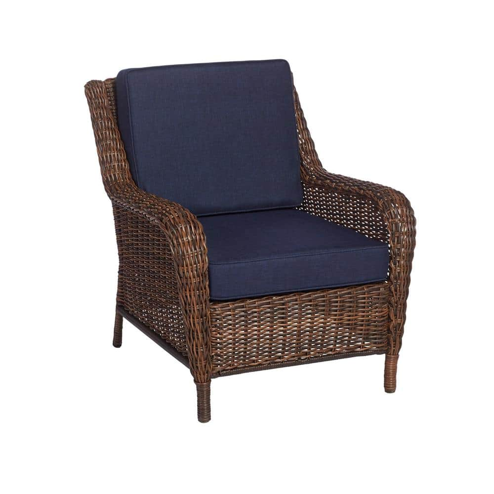 Hampton Bay Cambridge Brown Wicker Outdoor Patio Lounge Chair with CushionGuard Midnight Navy Blue Cushions 65-17148B1