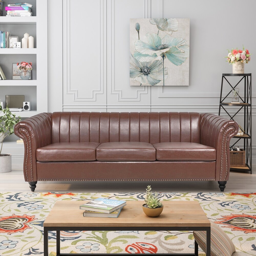 84'' PU Rolled Arm Chesterfield Three Seater Sofa