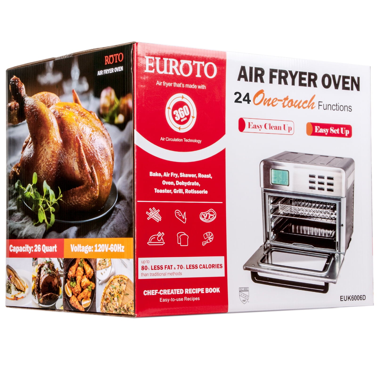 Euroto Air Fry Oven, 26.8 Quart  24 in 1 Function 360 Air Circulation, Bake, Broil, Toast, Air Fry, Air Roast, Digital Toaster, True Surround Convection, Includes Recipe Book, 1800 Watts, Steel Finish