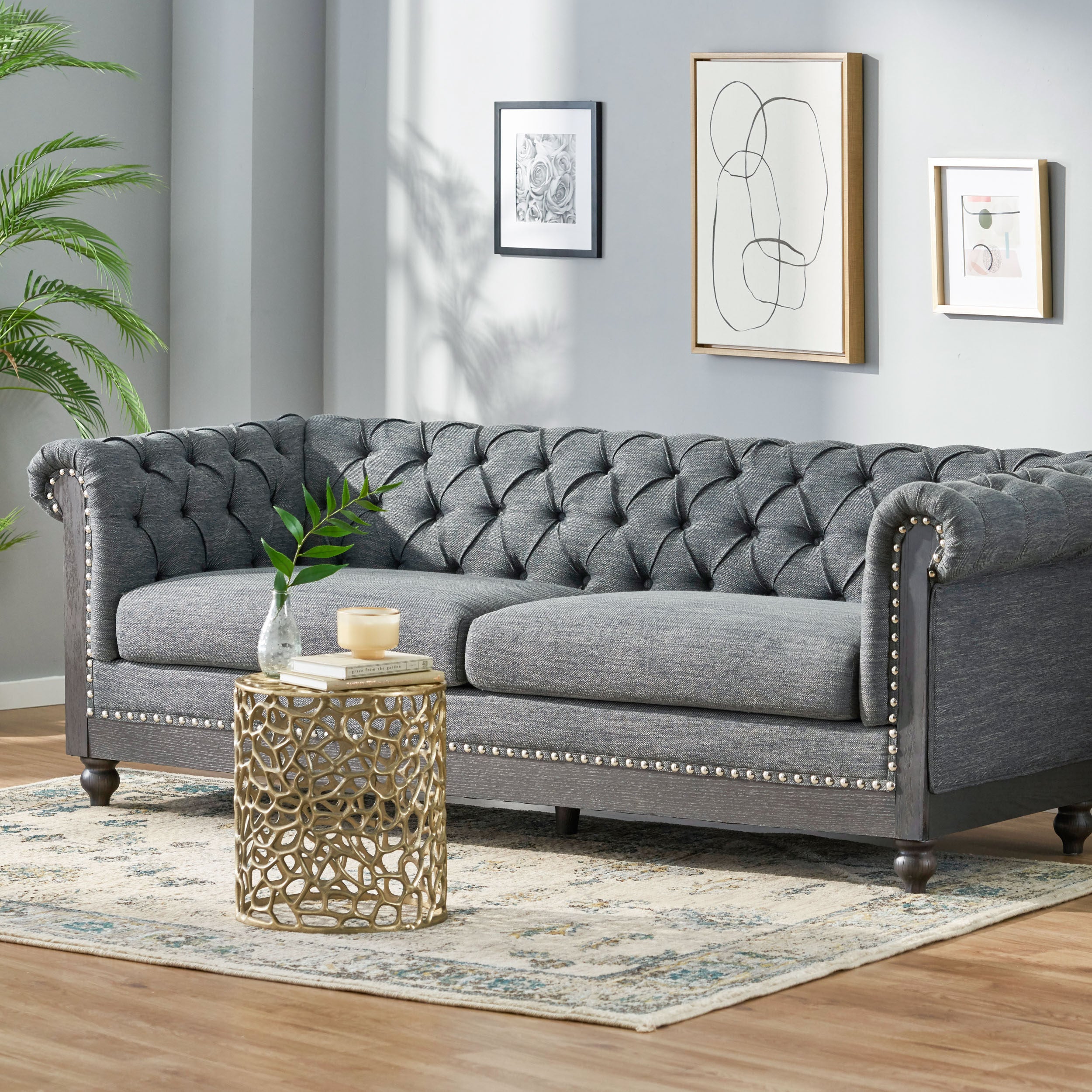 Kinzie Chesterfield Tufted Fabric 3 Seater Sofa with Nailhead Trim