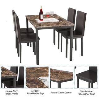 mieres 5-Piece Rectangular Brown Wood Faux Marble Top Dining Table Set with 4 Upholstered PU Leather Dining Chairs QTW36835415