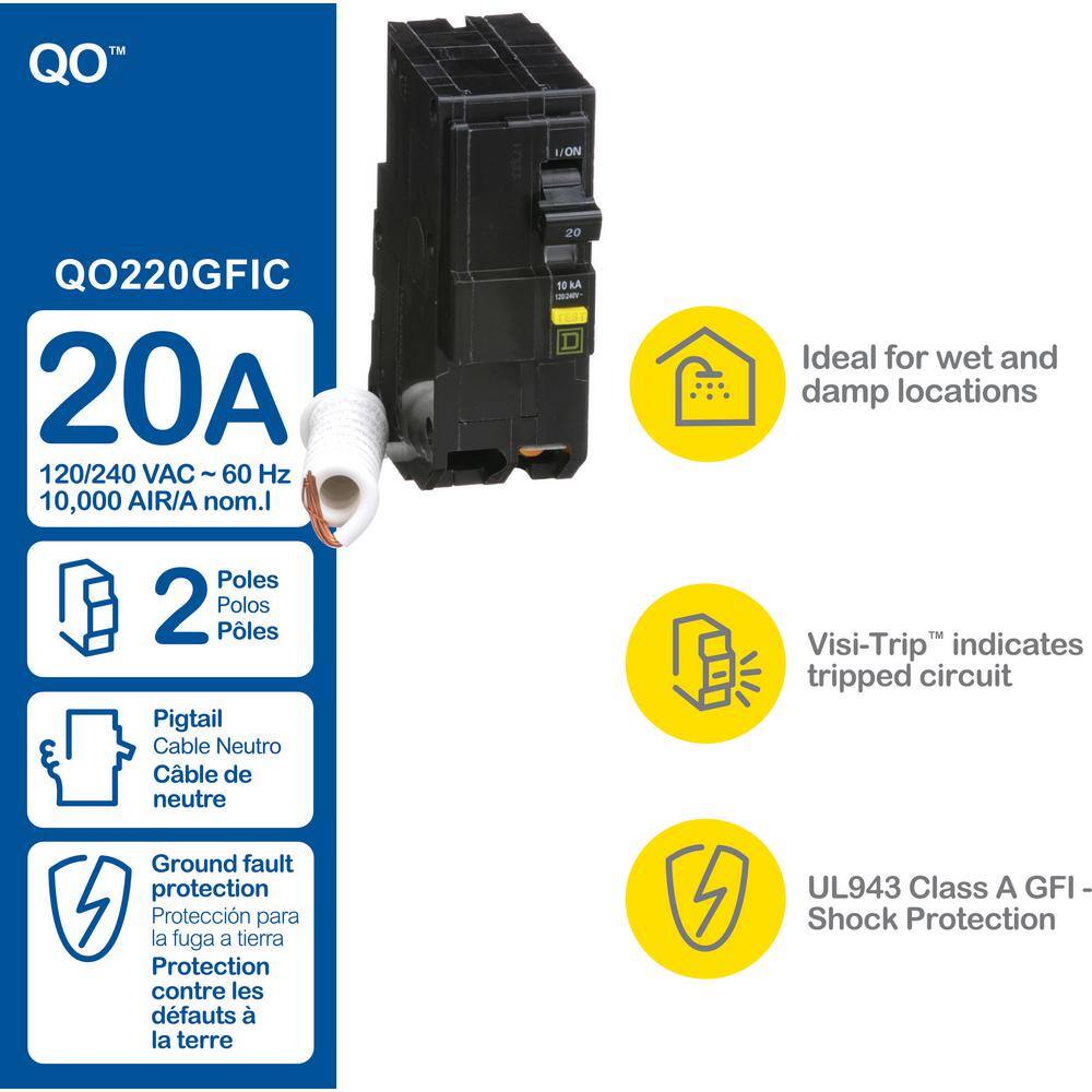 Square D QO Qwik-Gard 20 Amp 2-Pole GFCI Breaker QO220GFIC