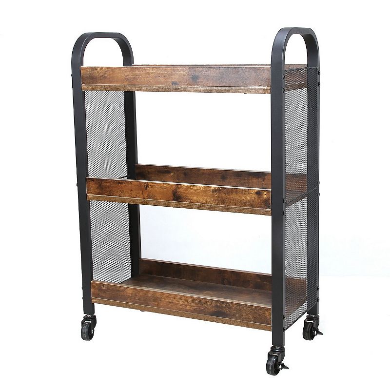 3 Tier Wood and Metal Kitchen Cart with Mesh Side Panel， Brown and Black