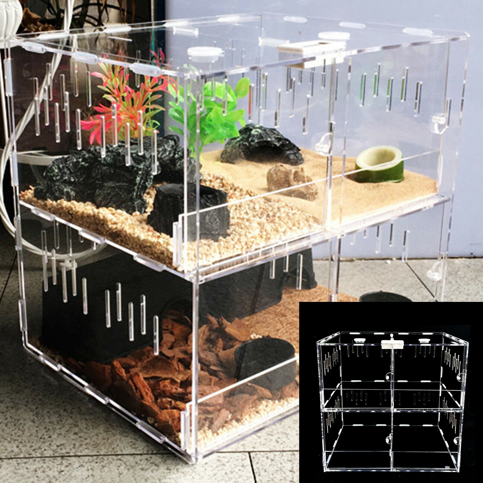 TOOL1SHOoo Transparent 4 Grids Large Reptile Pet Tank Acrylic Climbing Pet Box +Thermometer