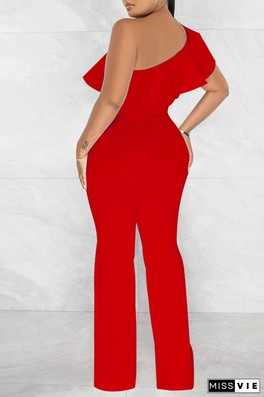 Red Casual Solid Bandage Patchwork Flounce Oblique Collar Straight Jumpsuits