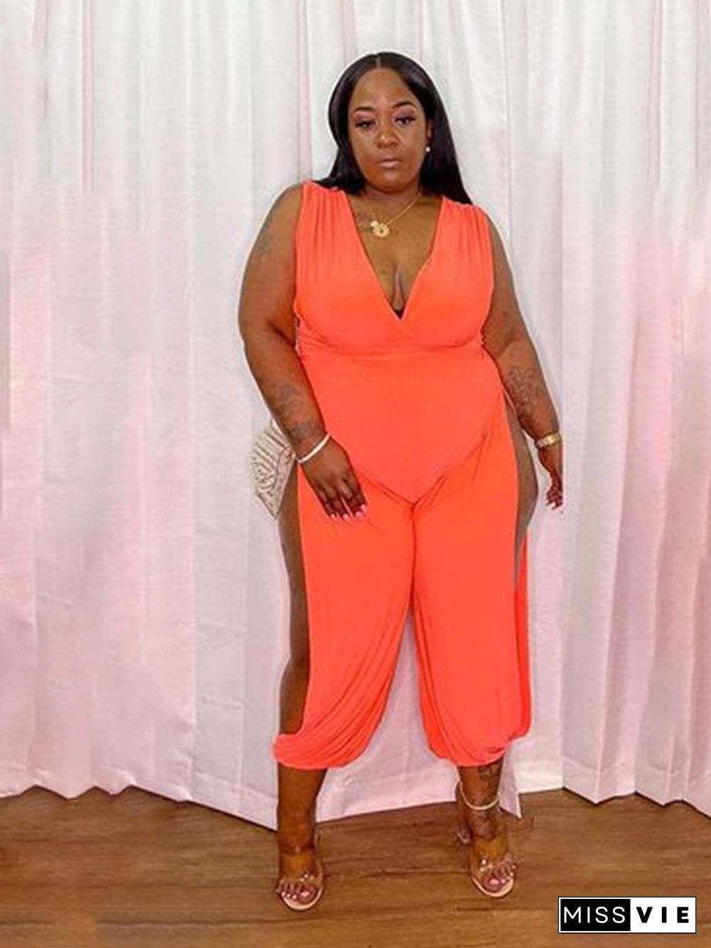 Plus Size Women Deep V Neck Solid Color Sleeveless High Waist Side Slit Loose Streetwear Baggy Jumpsuit