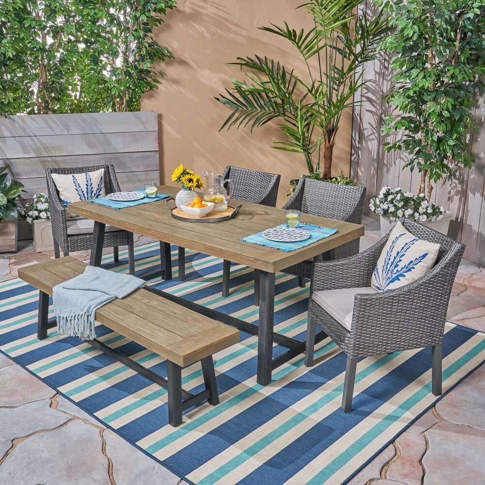 Calero Outdoor 6 Piece Wood and Wicker Dining Set with Chairs and Bench by Christopher Knight Home