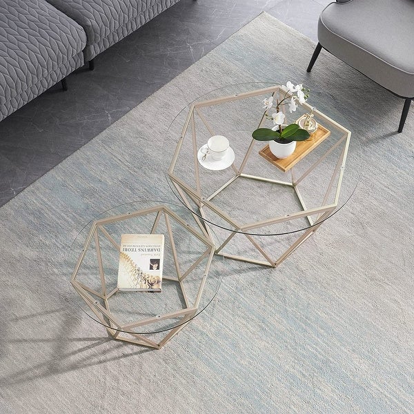 ivinta Round Coffee Table Set of 2， Modern End Tables for Living Room， Tempered Glass/White Faux Marble Tea Tables