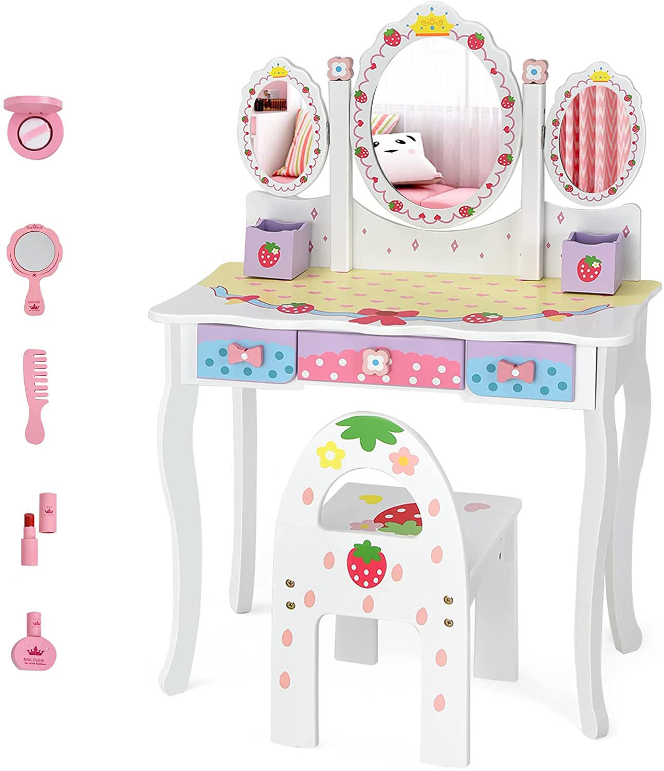 Costzon Kids Vanity Table & Chair Set, 2 in 1 Princess Makeup Dressing Table w/Detachable Top