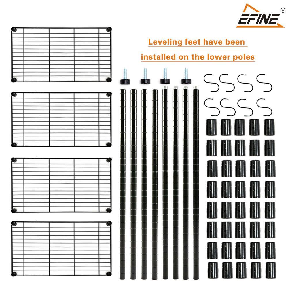 EFINE Black 4-Tier Carbon Steel Wire Garage Storage Shelving Unit with 8 Hooks (23.6 in. W x 47 in. H x 14 in. D) RL100-4