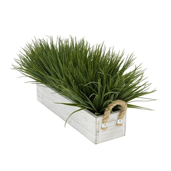 Faux Green Farm Grass in Large Washed Wood Trough with Rope Handles