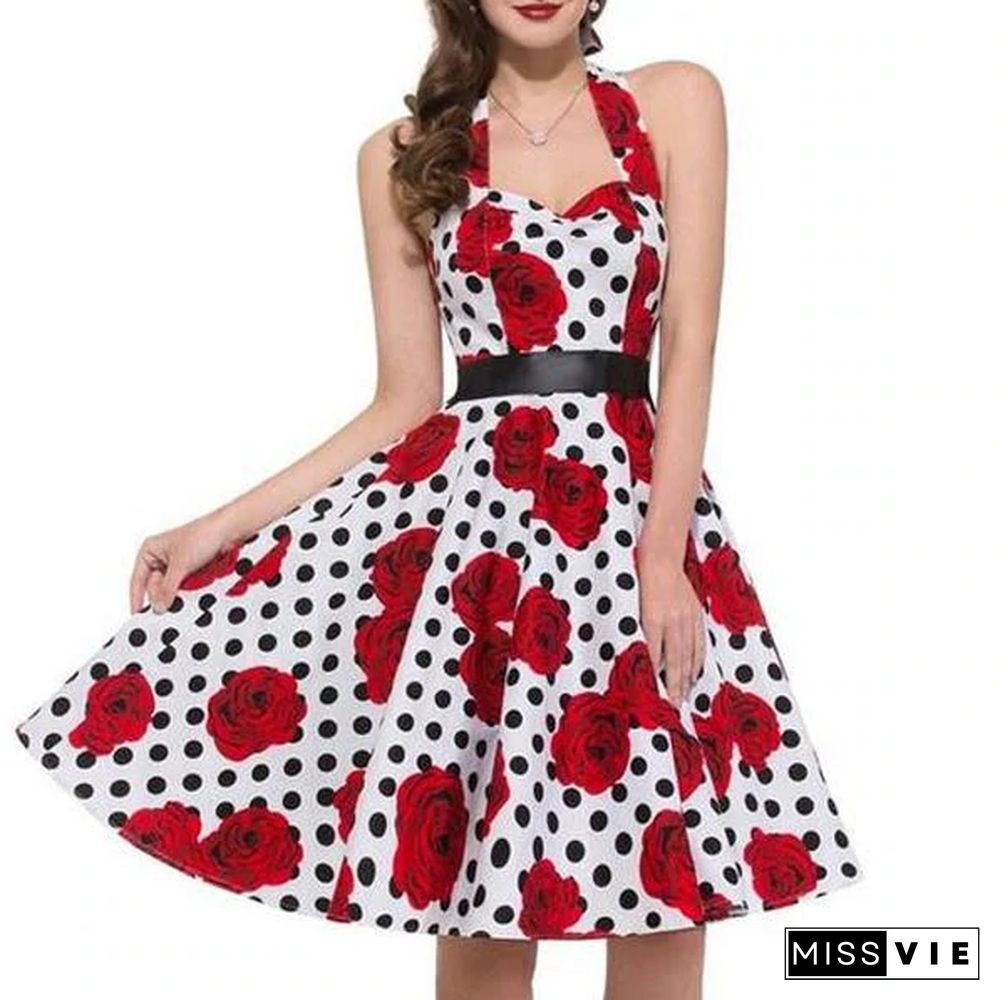 Sexy Halter Party Dress Retro Polka Dot Vintage Dresses Elegant Midi Dress