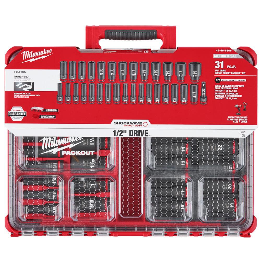 Milwaukee SHOCKWAVE Impact Duty Socket 1/2 Dr SAE/MM PACKOUT Set 31pc 49-66-6806 from Milwaukee