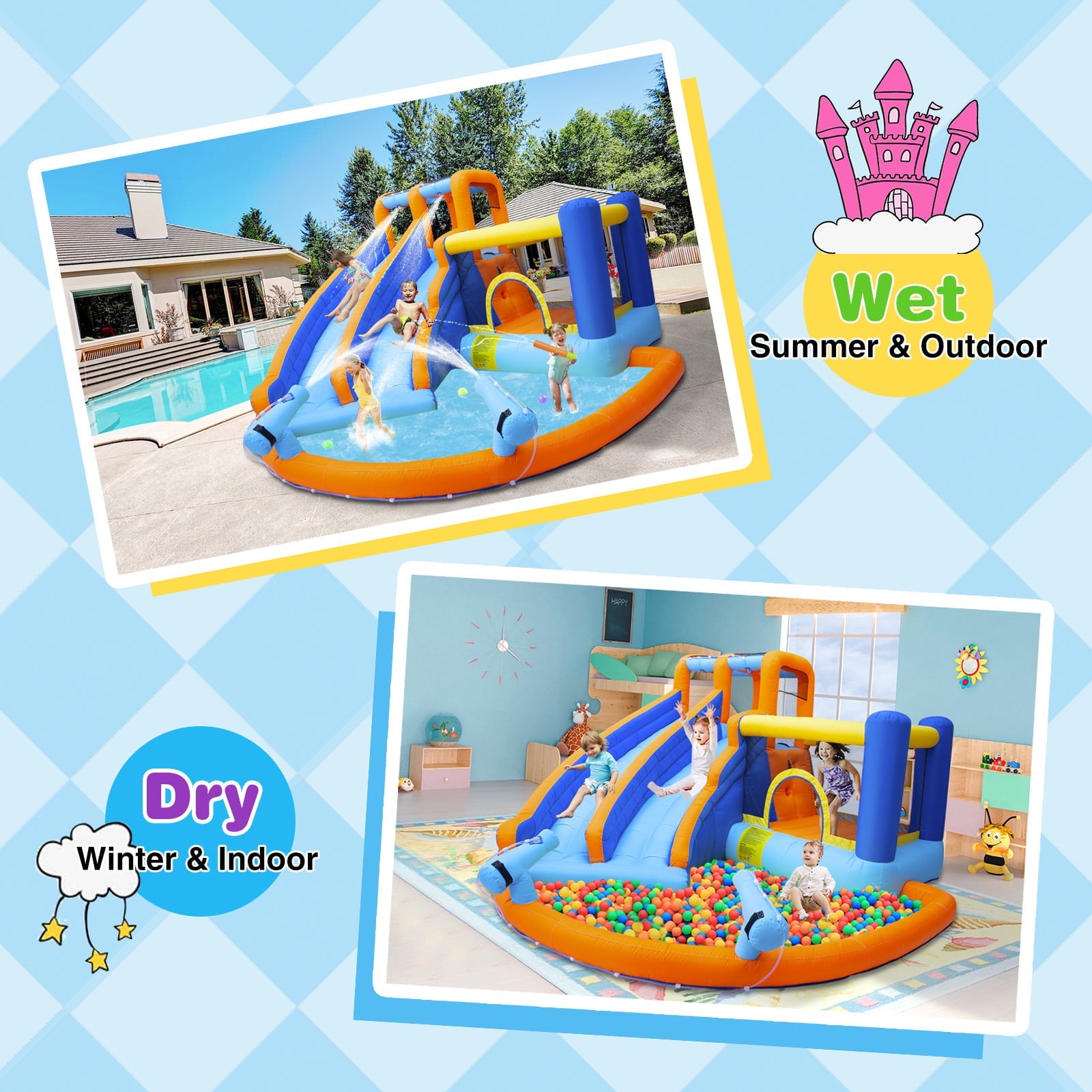 JOYLDIAS Kids Inflatable Water Slide Giant Water Park Double Slide Bouncer Playhouse Castle with 4 Water Guns, Pool, Jump Area, Climbing Wall, Air Blower