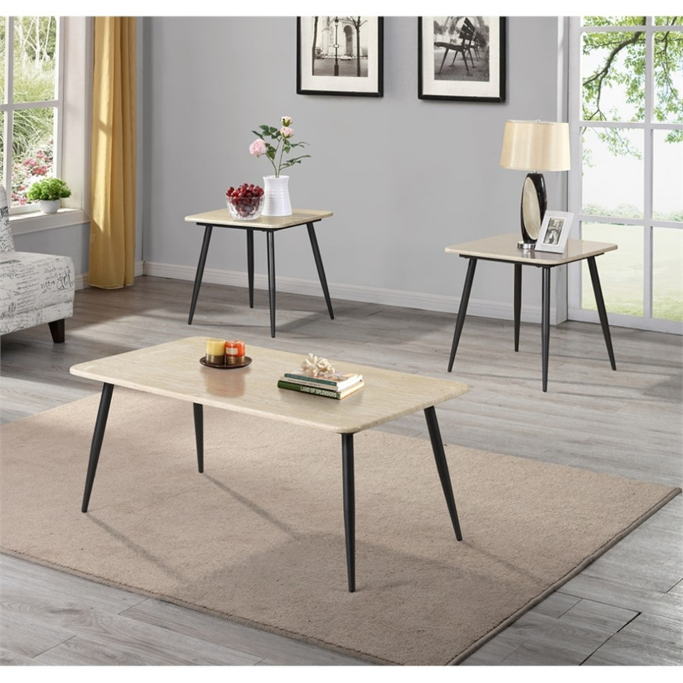 Bowery Hill Wood 3 Piece Coffee Table Set in Natural Tone Finish   Midcentury   Coffee Table Sets   by Homesquare  Houzz