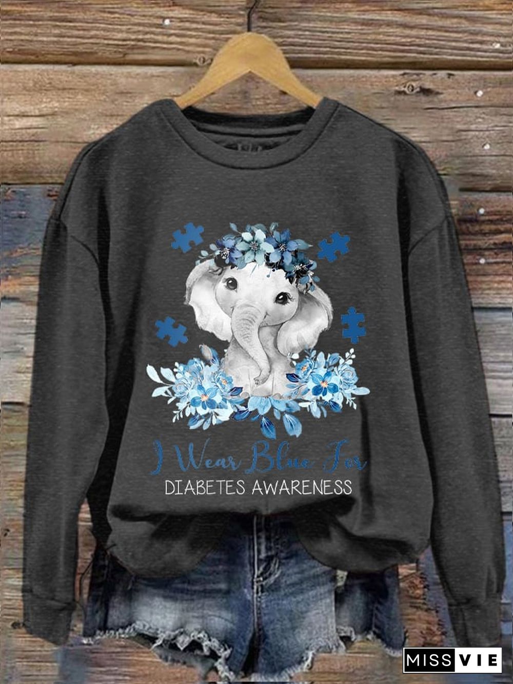 Women's I Wear Blue For Diabetes Awareness Elephant Flower Tree Print Sweatshirt