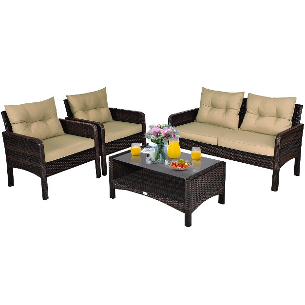 Costway 4pcs Patio Rattan Furniture Set Loveseat Sofa Coffee Table Sofa W cushion Garden