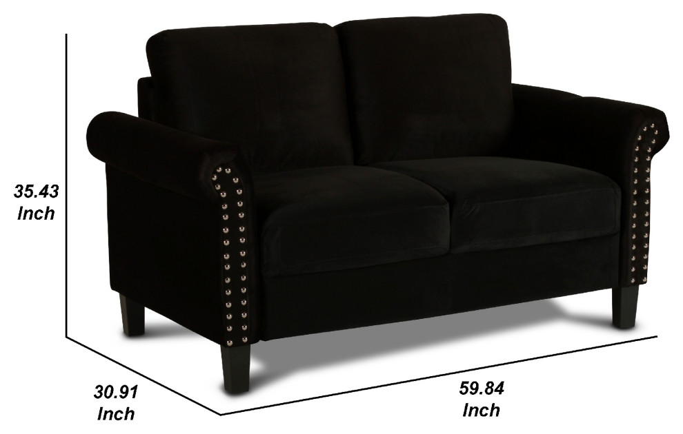 Benzara BM271910 Judy Velvet Upholstered Loveseat With Nailhead Trim  Black   Transitional   Loveseats   by VirVentures  Houzz