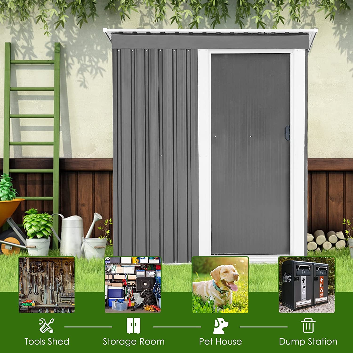 Arlopu 5' x 3' Outdoor Storage Shed with Sliding Door, Metal Tools Shed House for Garden, Patio, Lawn