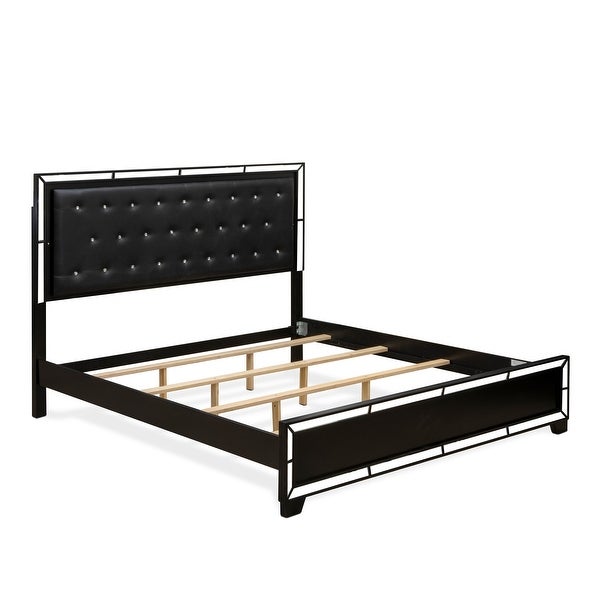 4-Piece Bedroom Set - Light Up headboard - King Size Bed - Dresser Bedroom - Mirror - Chest - Black Faux Leather Headboard - - 34142363