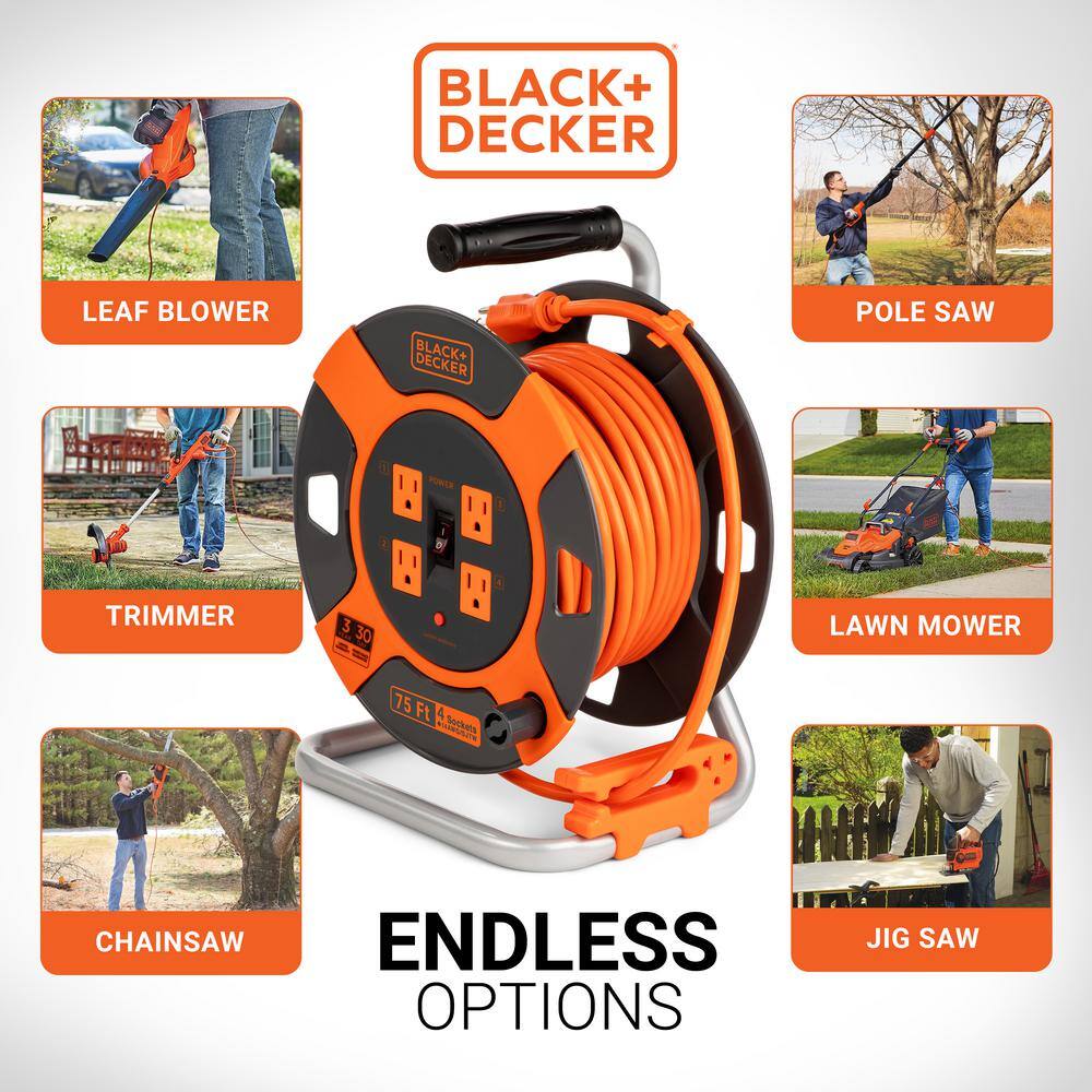 BLACK+DECKER 75 ft. 4 Outlets Retractable Extension Cord with 14 AWG SJTW Cable Outdoor Power Cord Reel BDXPA0063