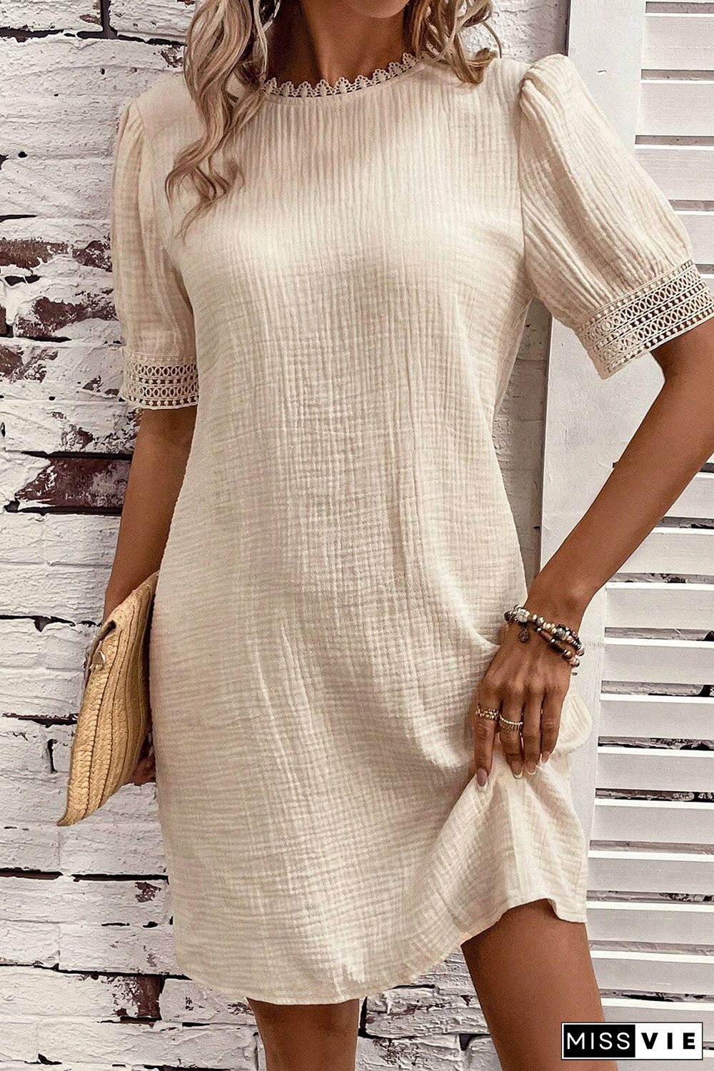 Beige Crinkle Lace Trim Puff Sleeve Shift Mini Dress