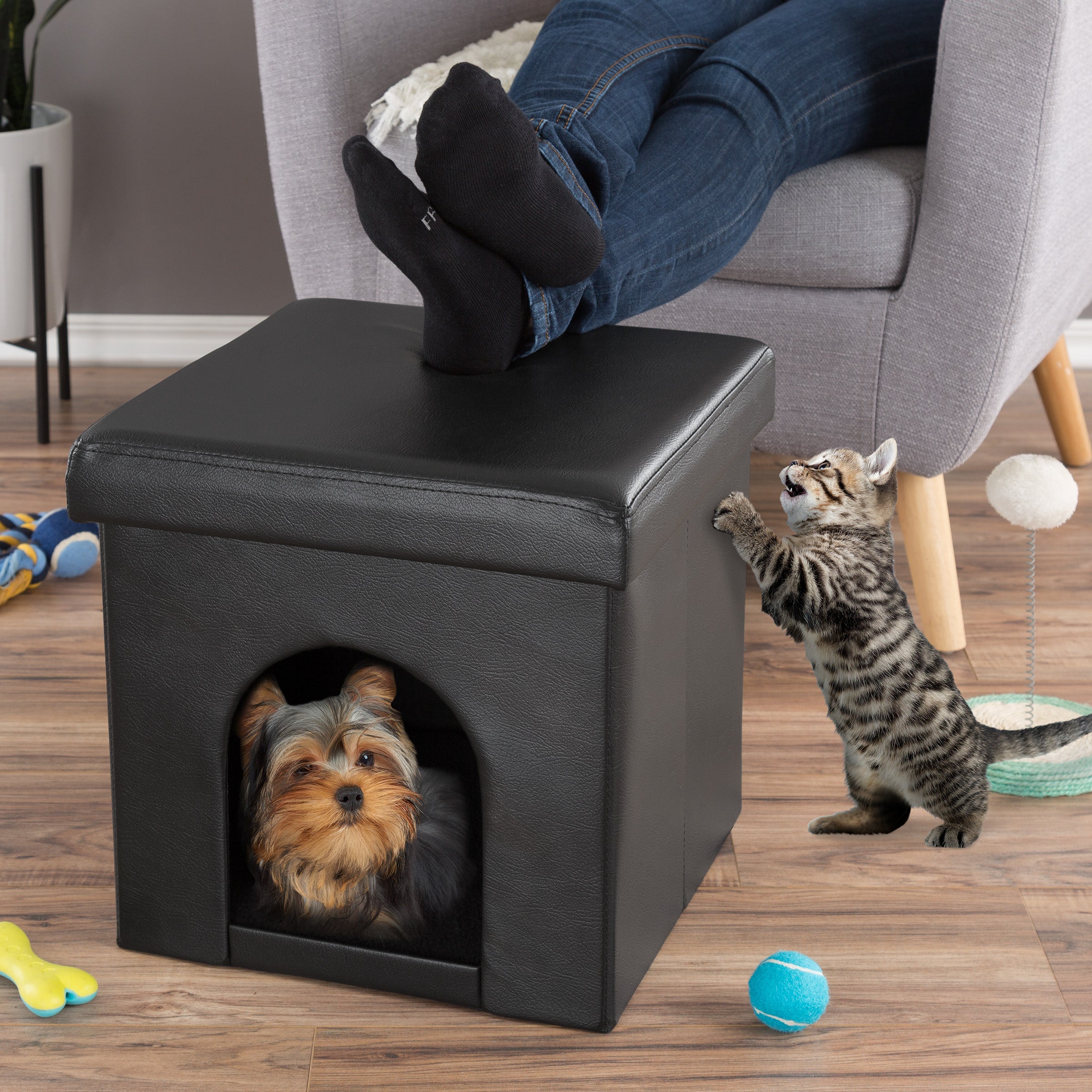 Pet House Ottoman - Collapsible Multipurpose Small Dog or Cat Bed Cube and Footrest with Cushion Top and Interior Pillow by PETMAKER (Black)